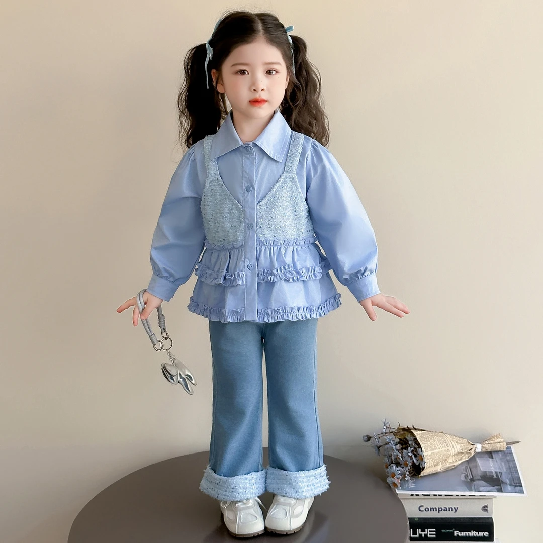 女宝宝秋装洋气小香风衬衣牛仔裤套装2025新款儿童韩版女童两件套