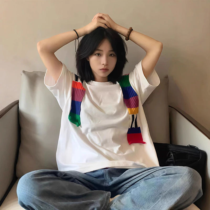 2025新款彩虹毛织拼接短袖超好看撞色拼接宽松短袖t恤女50200