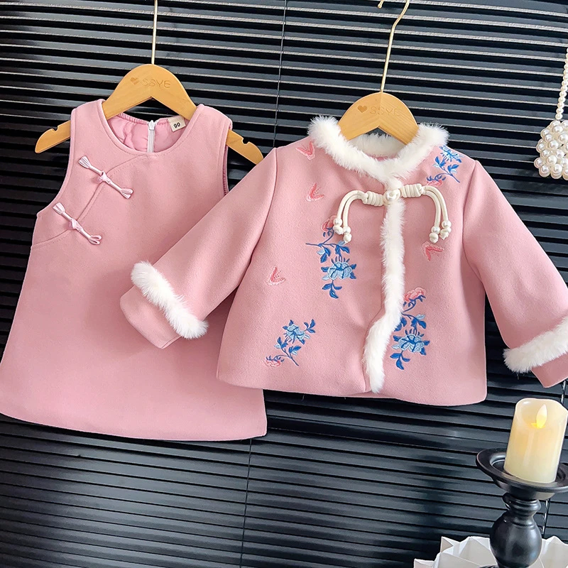 女童新中国风盘扣两件套冬季新款毛呢外套夹棉背心裙两件套TW657