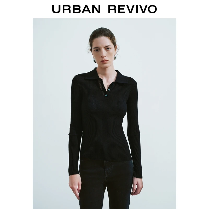 UR2025秋季新款女装简约气质翻领纽扣长袖针织衫UWM950075+