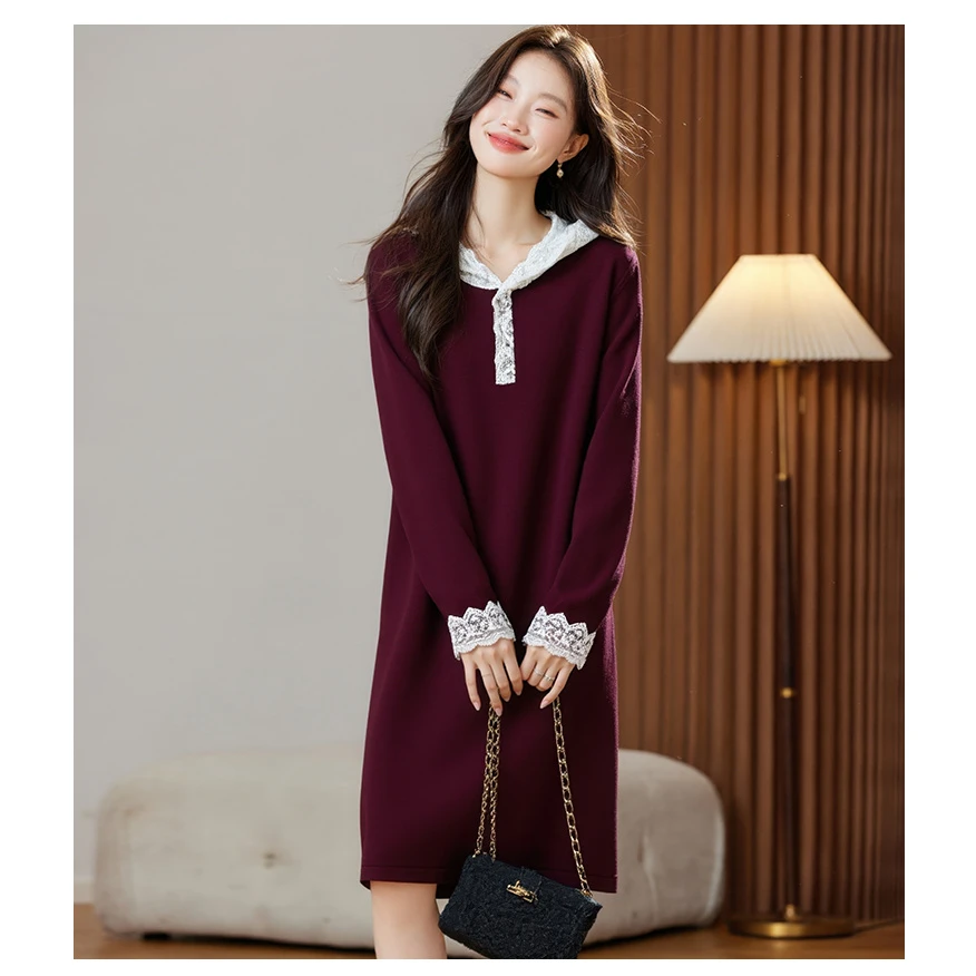 蕾丝拼接连帽毛衣裙女秋冬季2025新款慵懒气质宽松休闲针织连衣裙