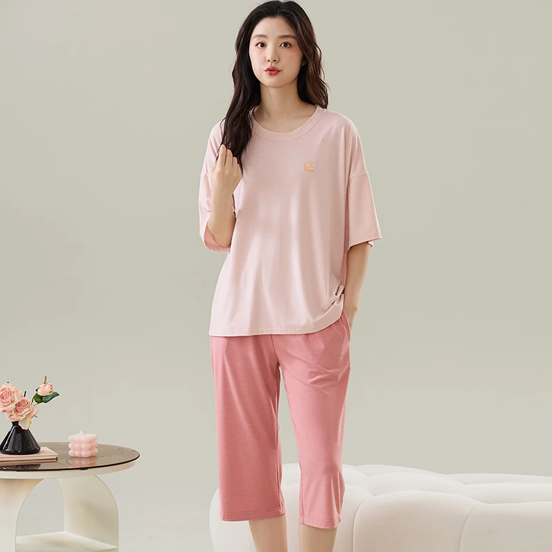 睡衣女士夏季莫代尔短袖七分裤胖mm特大码宽松薄款冰丝凉感家居服