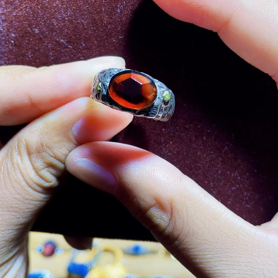 蓝珀裸石银S925镶嵌戒指墨西哥