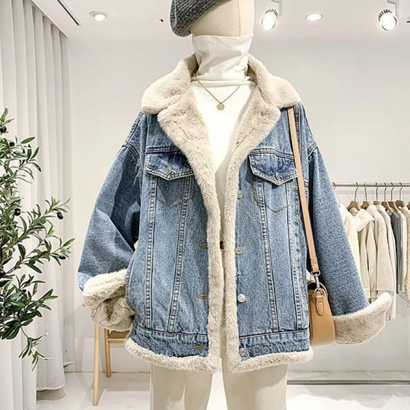 欧洲站加绒加厚牛仔外套女秋冬宽松显瘦小个子加厚休闲保暖棉服