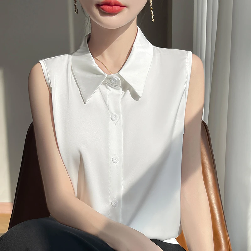 缎面白色无袖背心衬衫上衣春夏季新款纯色百搭衬衣休闲气质打底