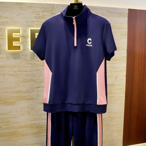 【深蓝C立体拼粉短袖套装】显瘦天丝罗马棉T恤时尚休闲夏季女士套装