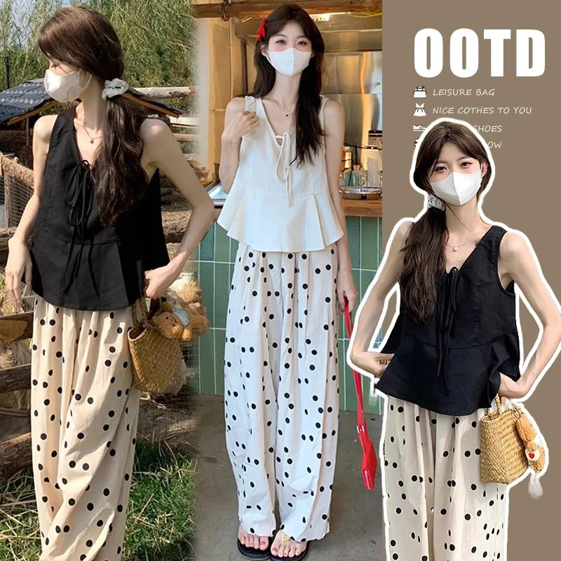2025孕妇韩版夏季简约显瘦背心+波点阔腿托腹裤时尚孕妇两件套