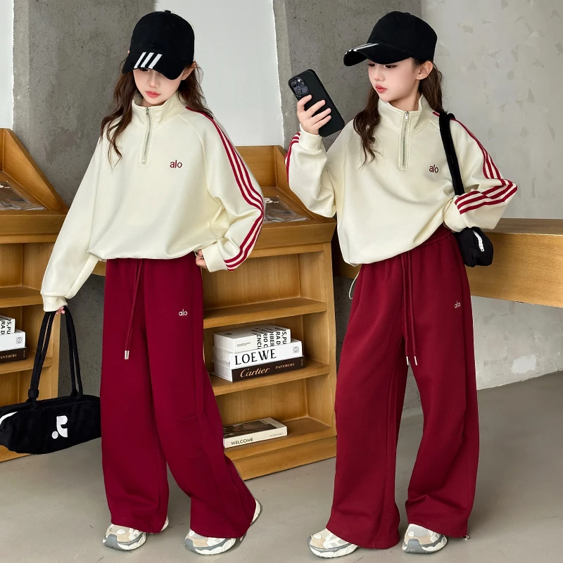 女童秋季新款网红中大童洋气时尚字母拉条裤子直筒裤女童秋装