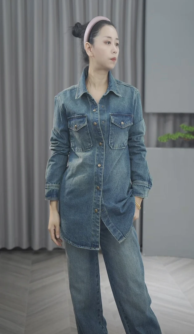 【衣长75-77】土耳其棉中长款牛仔外套秋季女士复古时尚百搭25610