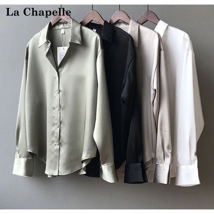 La Chapelle/拉夏贝尔缎面衬衫小众轻熟2025秋季韩版白色职业上衣
