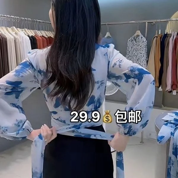 2025春季新款洋气印花系带收腰修身显瘦百搭V领短款灯笼袖雪纺衫