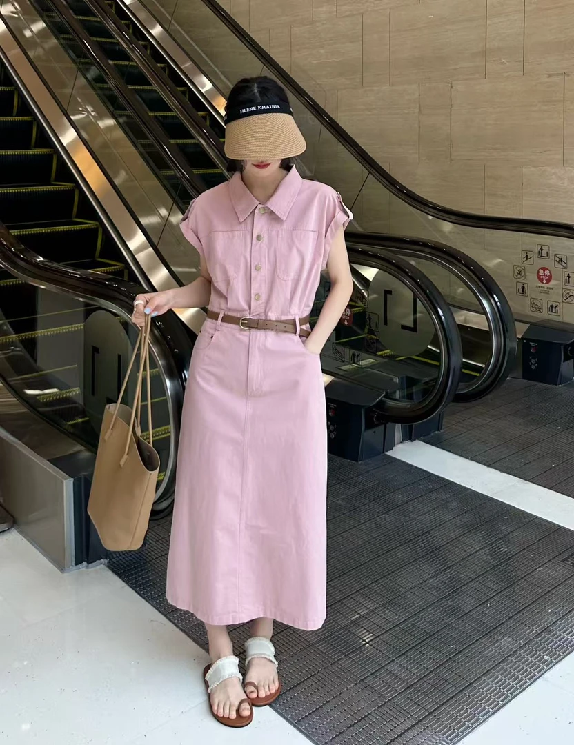 2518粉色工装风无袖衬衫连衣裙女夏收腰显瘦高级感飞飞袖休闲长裙