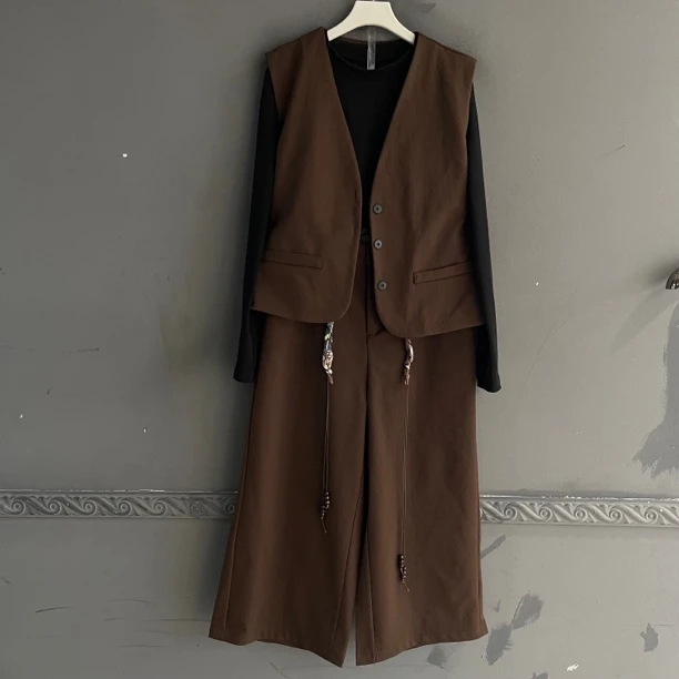 法式薄款修身型女短款宽松型马夹网红气质马甲小衫阔腿裤三件套