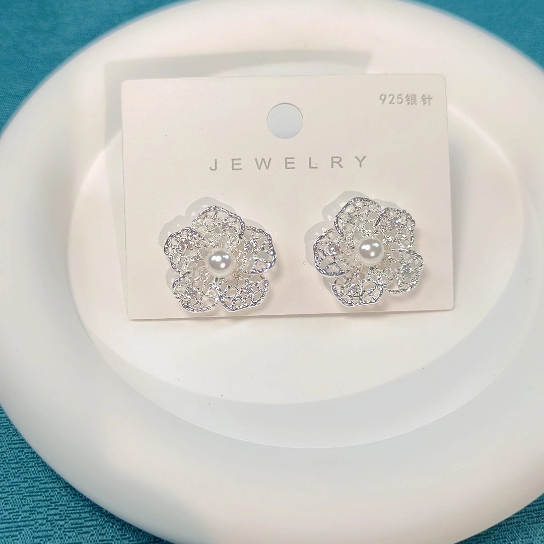 925银仿水晶耳饰 银花丝语，珍珠花蕊925银耳钉，蕾丝银花珍珠耳环