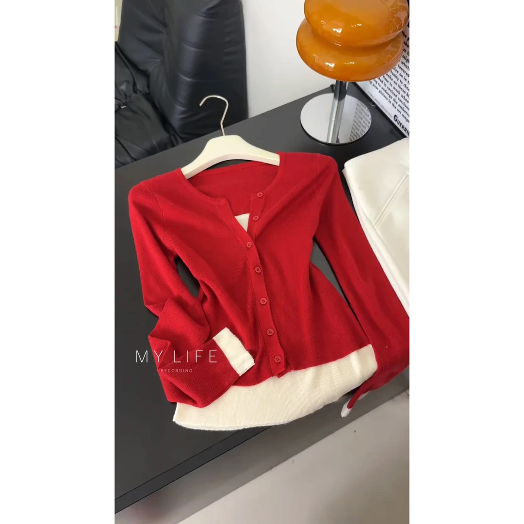 红色设计感撞色假两件拼接针织衫女2025秋季修身显瘦长袖气质上衣