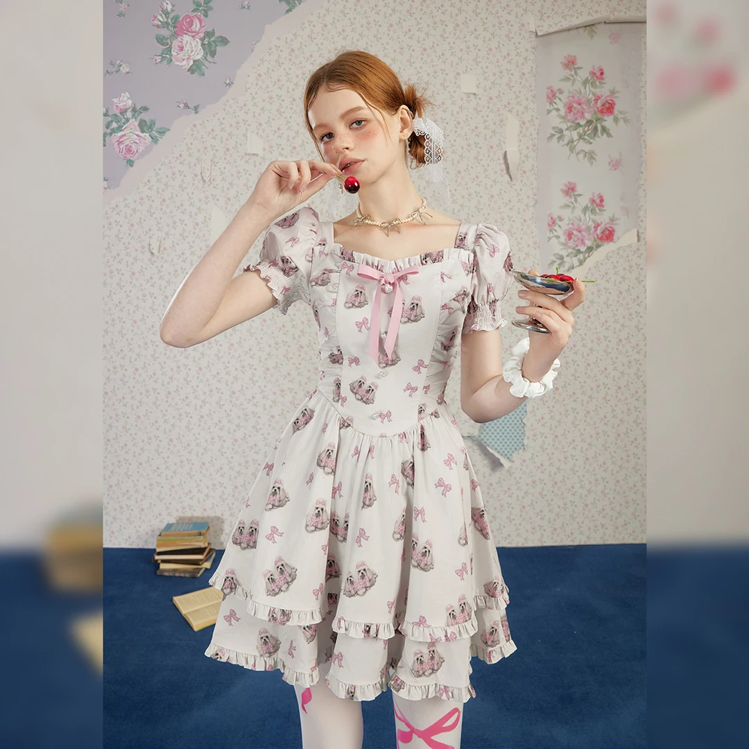 【25年春】法式动物印花连衣裙复古泡泡袖夏季显瘦蓬蓬裙
