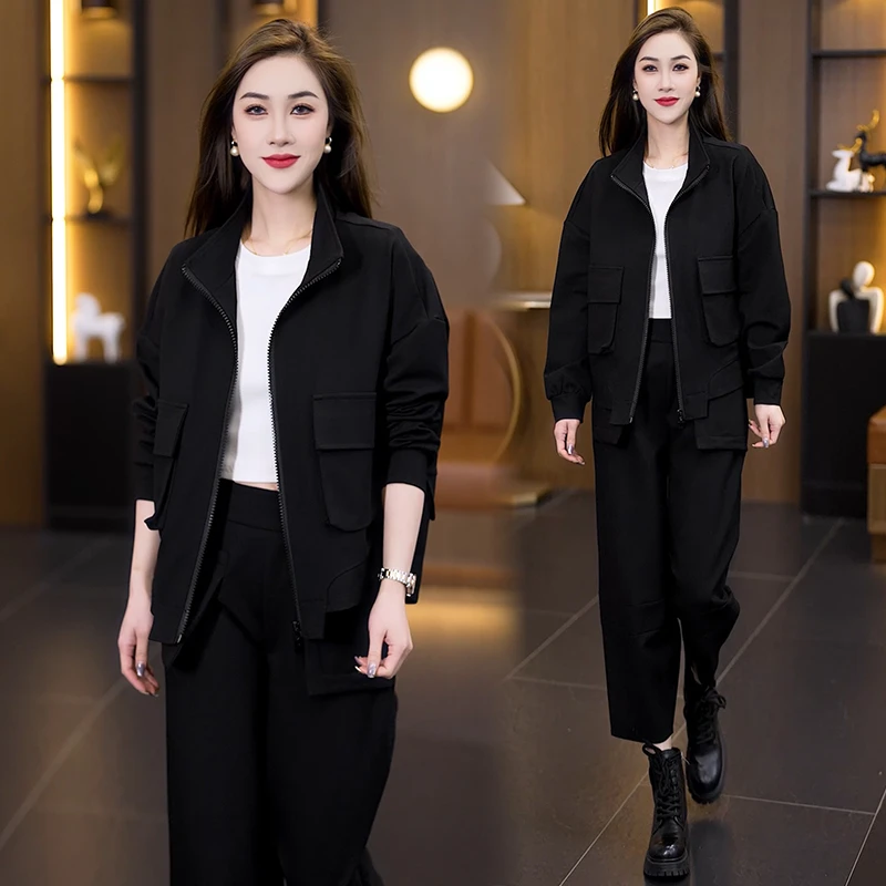 休闲套装2025秋季宽松大口袋立领蝙蝠袖不规则开衫外套裤子两件套