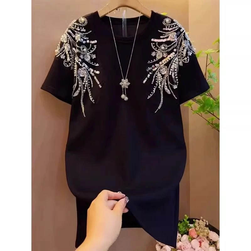 大码女装2025春夏新款上衣女重工亮片半袖显瘦纯棉短袖t恤胖妹妹