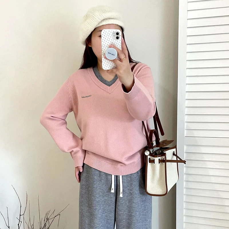 【涵胖胖】清*假两件上衣女宽松针织衫2025冬胖mm百搭休闲毛衣23152