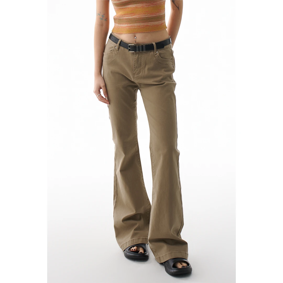 AGUA卡其色微喇牛仔裤女春季美式辣妹复古低腰窄版显瘦休闲长裤