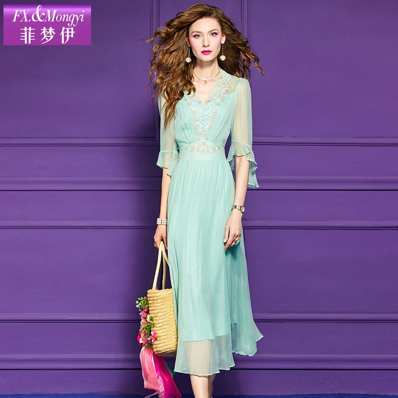 菲梦伊100桑蚕丝连衣裙女夏装重磅高端真丝年轻款收腰绣花64909