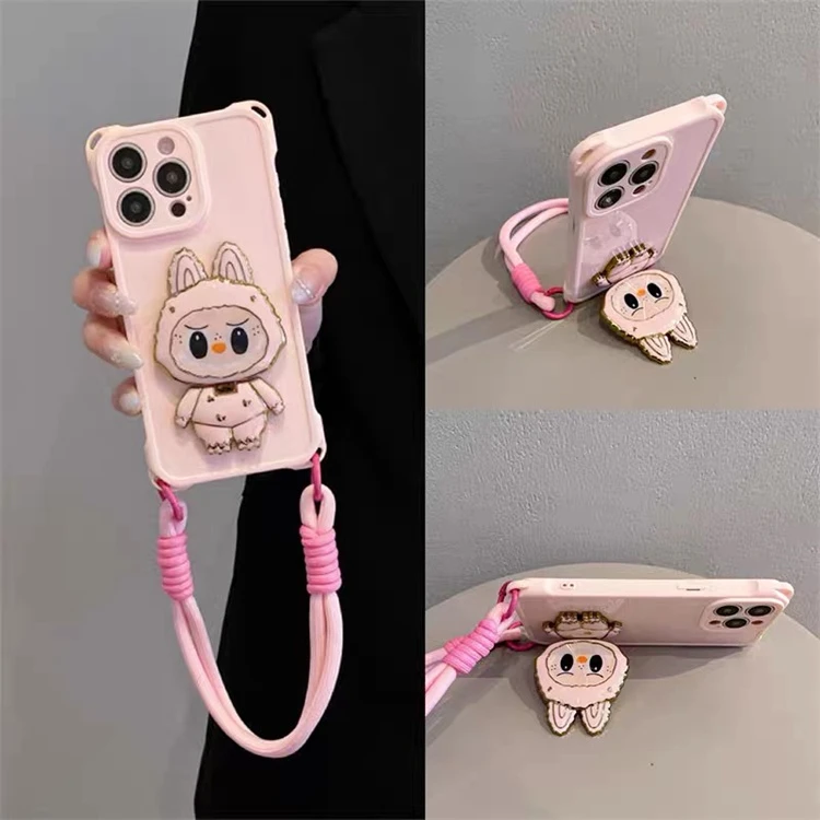 少女粉拉布布镜子支架适用iPhone16pro手机壳15promax四角可挂14