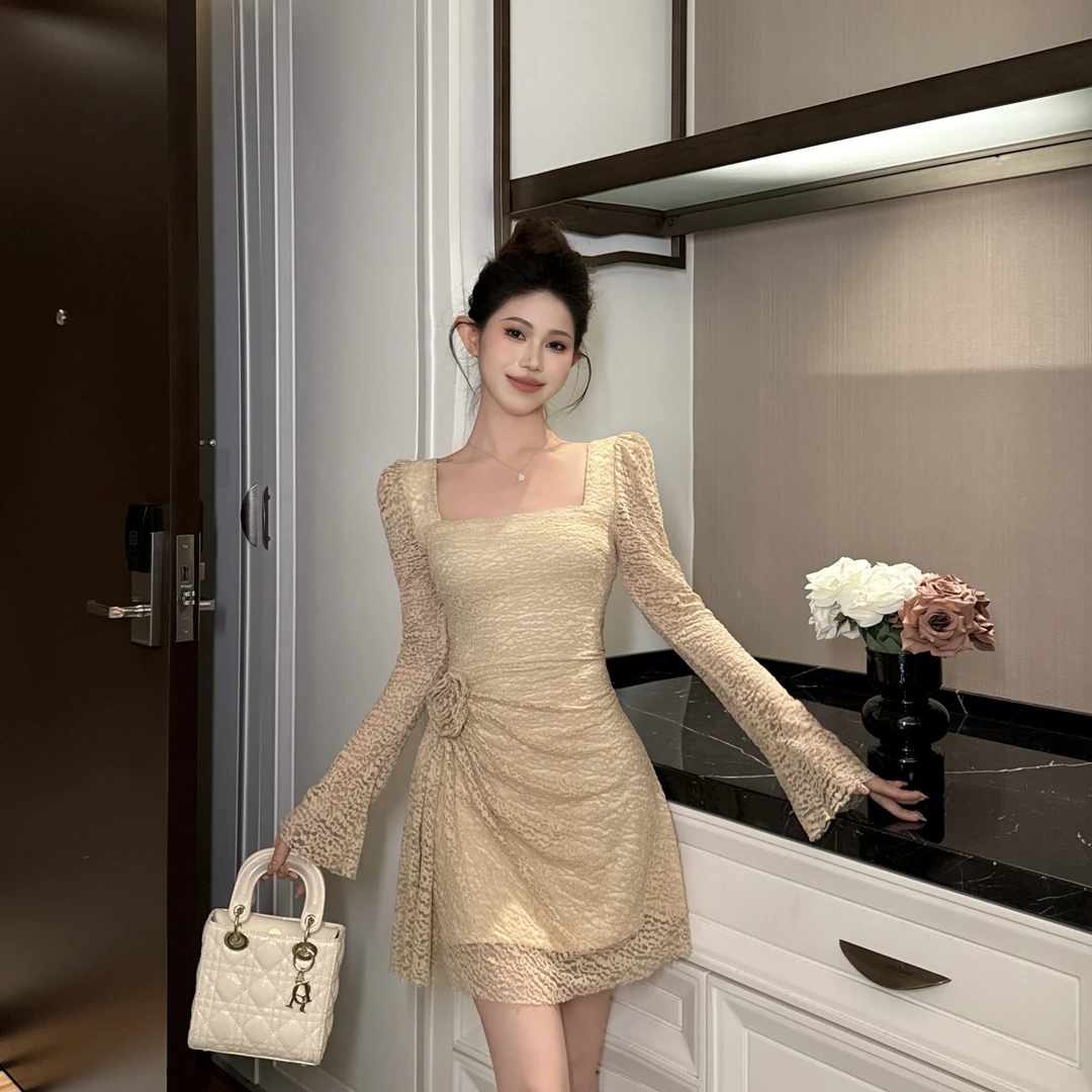【惠子原创】气质优雅性感法式名媛收腰修身显瘦方领连衣裙11469