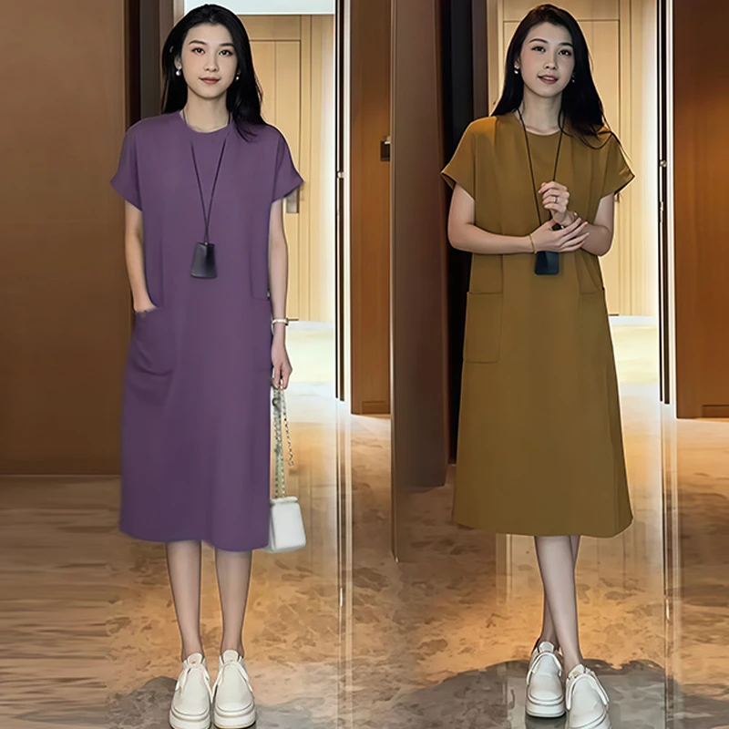 高含棉韩版时尚百搭连衣裙女2026年夏季新款宽松显瘦纯色短袖裙子