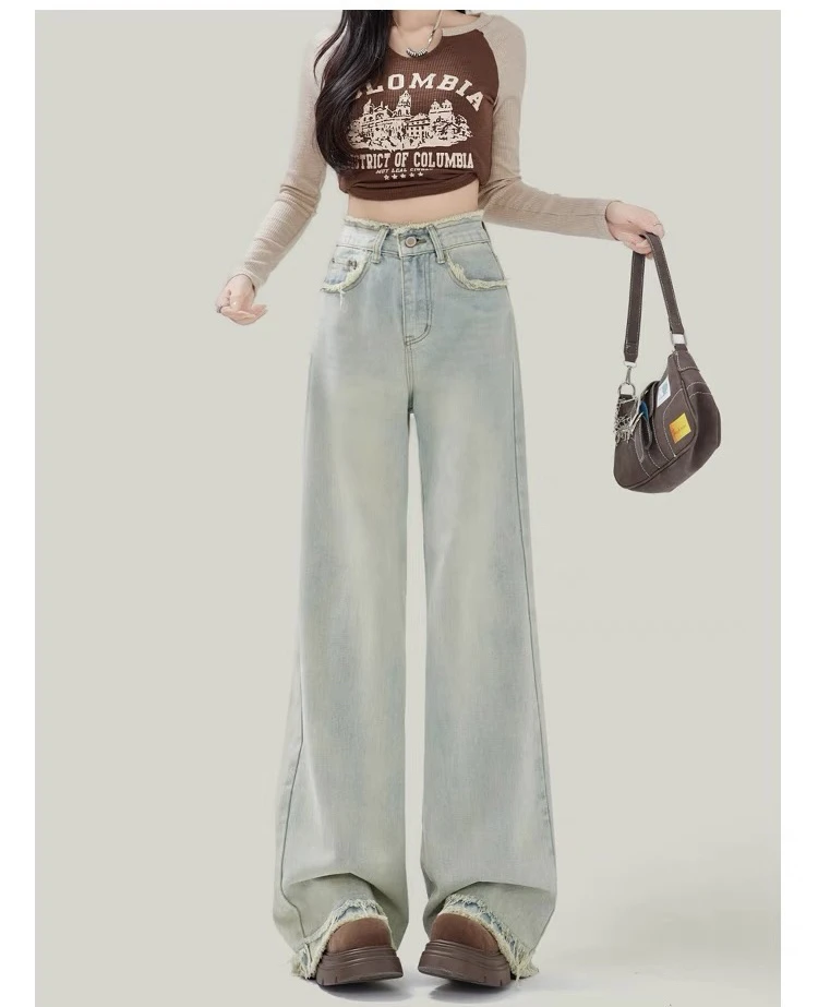 毛边牛仔裤 复古浅色阔腿裤 加长微瑕