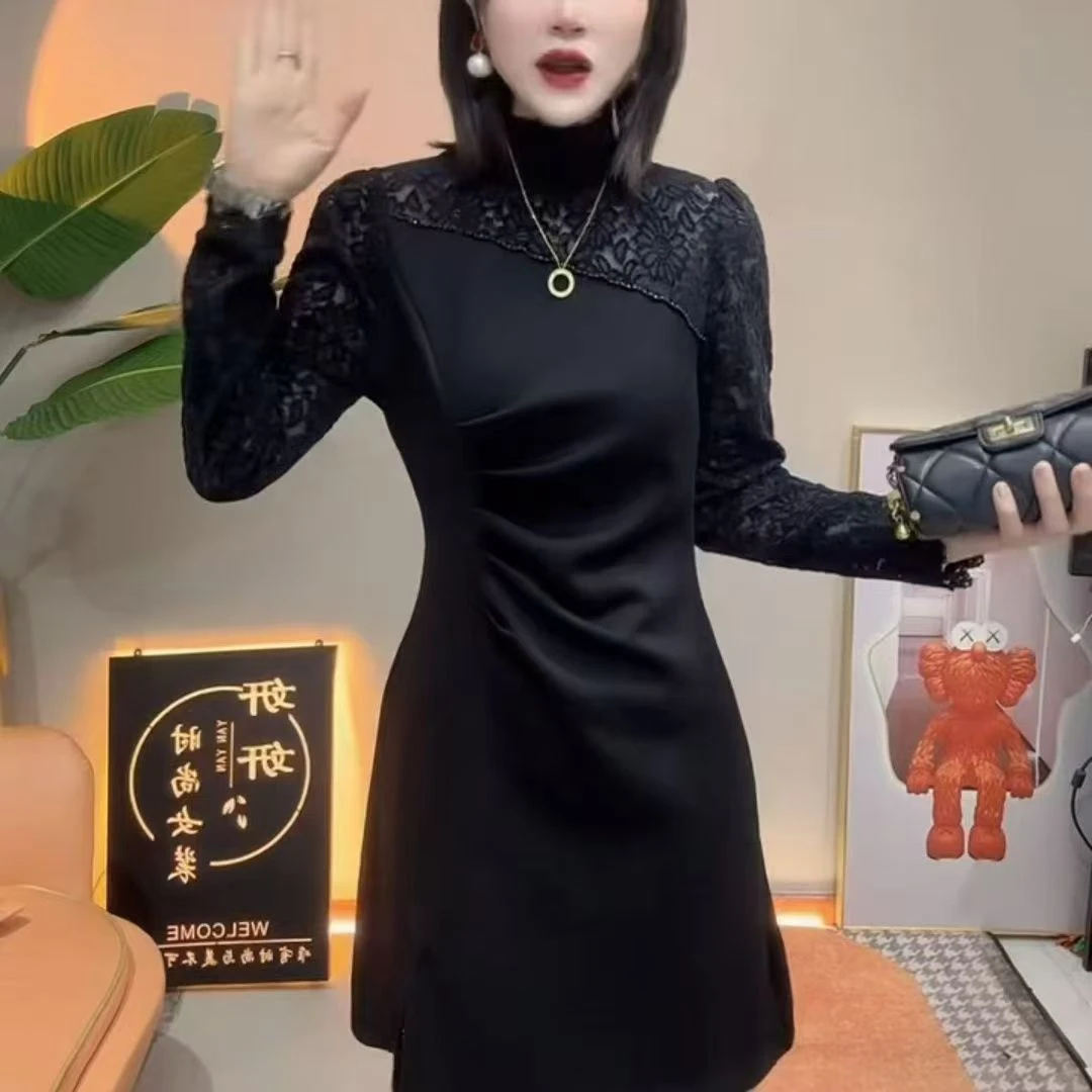 9210蕾丝款显腰身秋冬长袖连衣裙