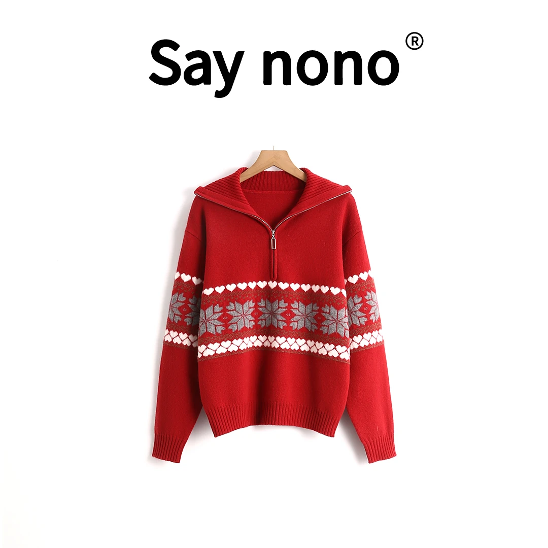 懒猫nono│Saynono 雪花提花毛线线衫翻领套头叠穿针织衫/LPQC2672