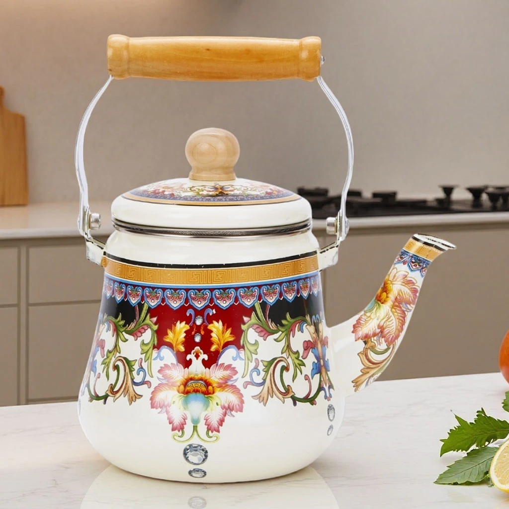 【搪小厨】1.5L腰壶珍品花家用搪瓷烧水壶电磁炉明火可用