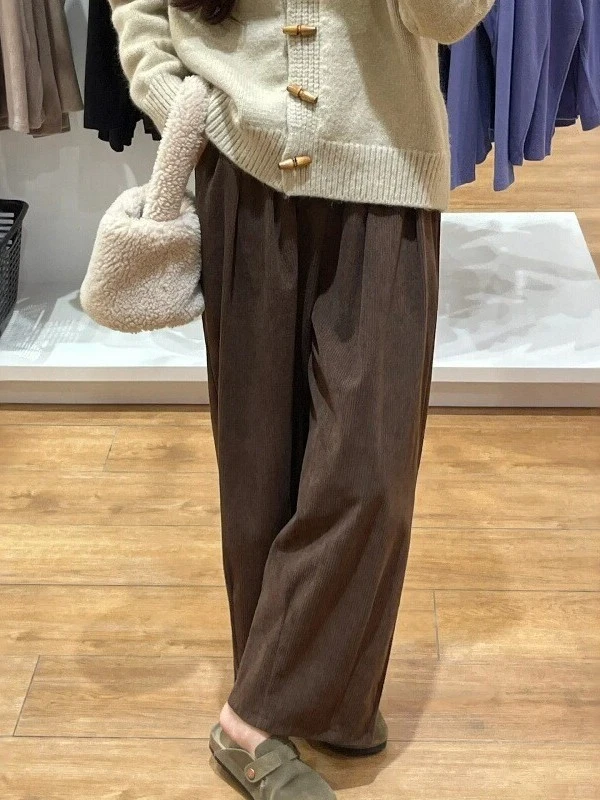 棕色灯芯绒阔腿裤宽松bf慵懒风大码胖mm显瘦萝卜裤裤子