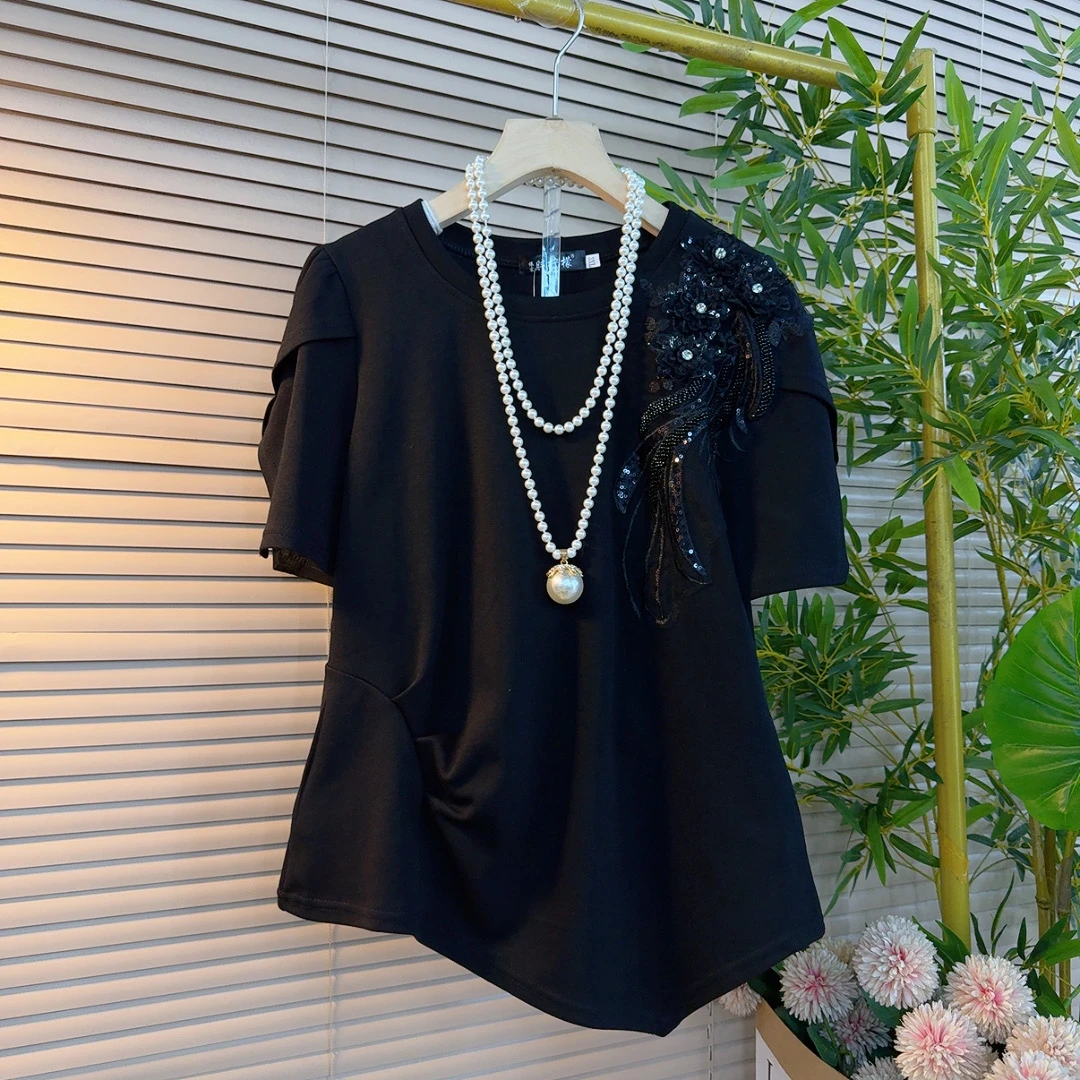 9279胖妹妹欧货时尚洋气减龄设计感立体刺绣亮片花朵不等式百搭衫