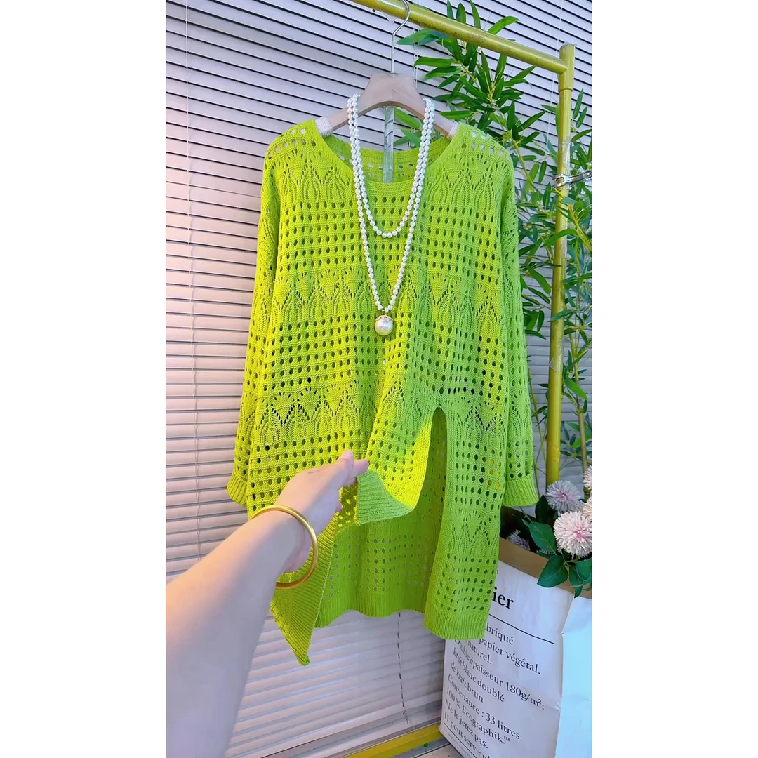 欧货设计感宽松慵懒风中长款纯色镂空钩花开叉套头针织衫