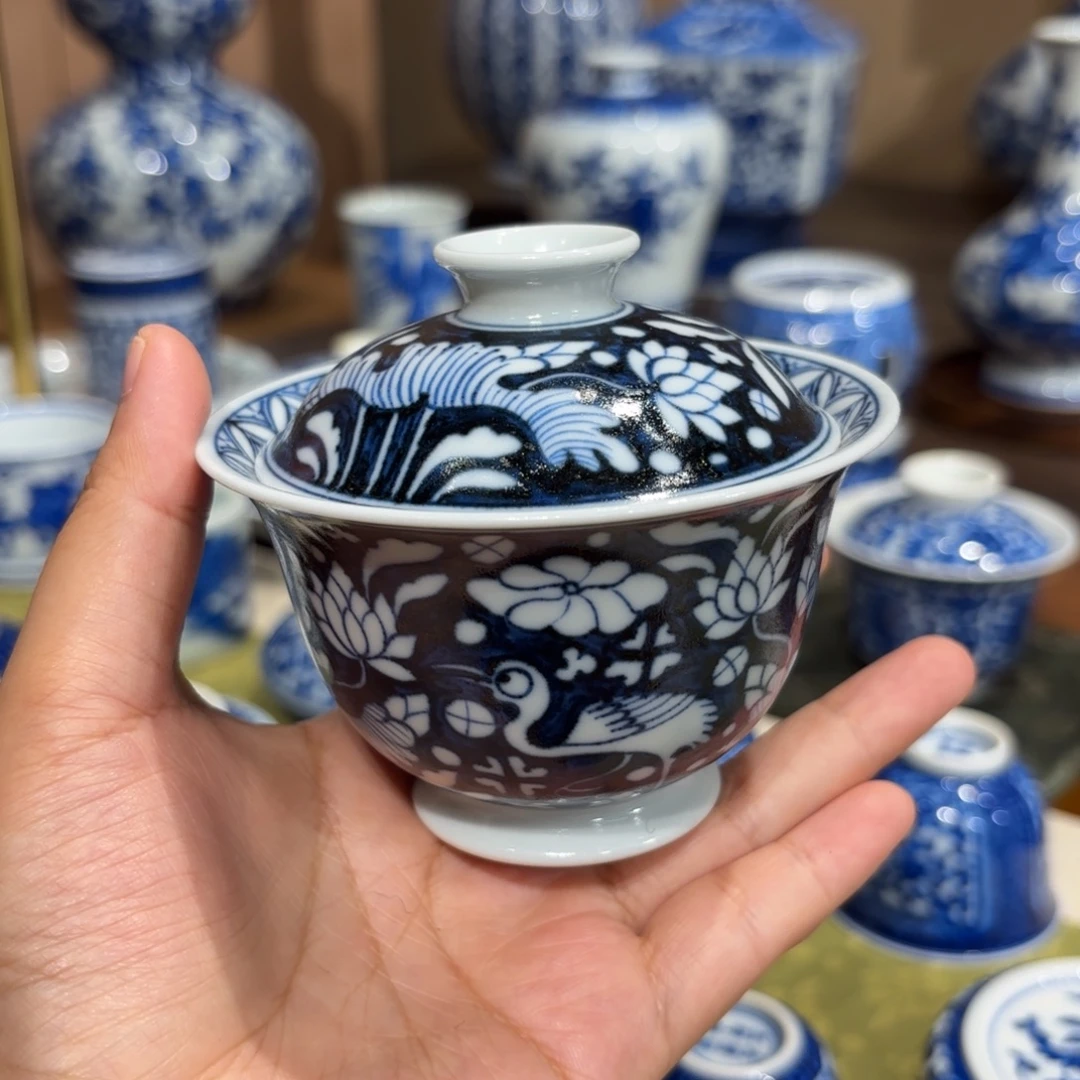 瓷一路盖碗 蓝底 仿元