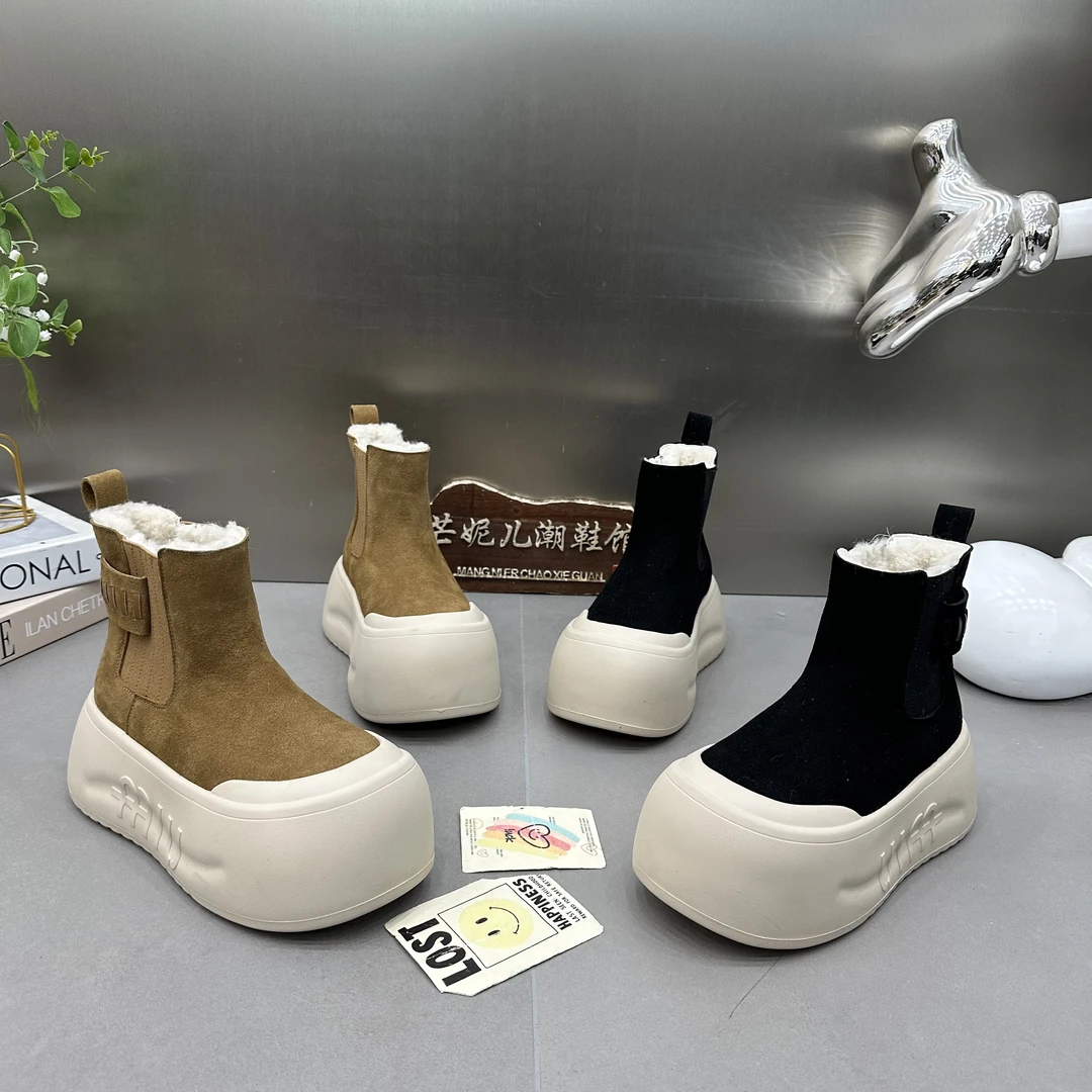 MANGNIER/韩版百搭厚底娃娃大头松糕短靴高帮女鞋磨砂真皮套筒靴