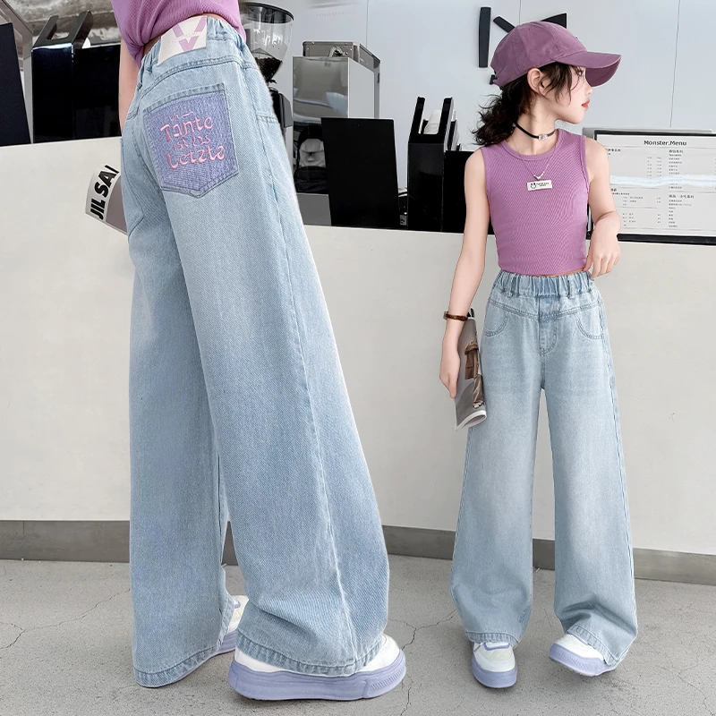 女童牛仔裤夏季新款洋气儿童裤子夏天薄款冰丝防蚊裤中大童阔腿裤