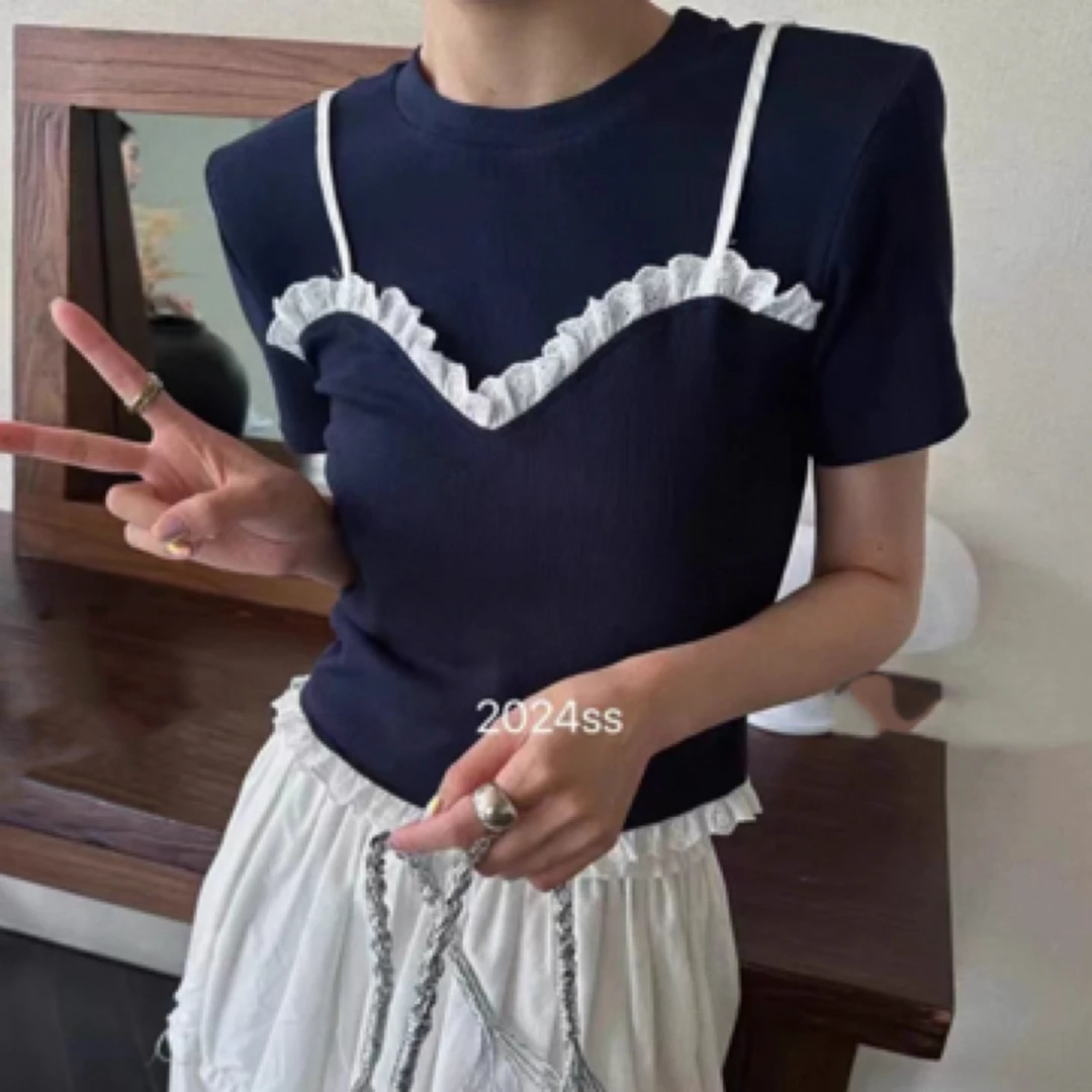 现25早春新款蕾丝花边假两件圆领T恤半袖2300