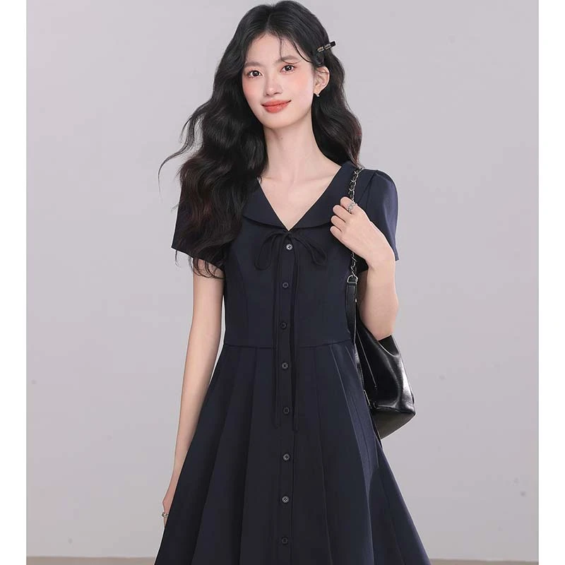 收腰衬衫连衣裙女夏季显瘦短袖百搭设计感裙子D3136