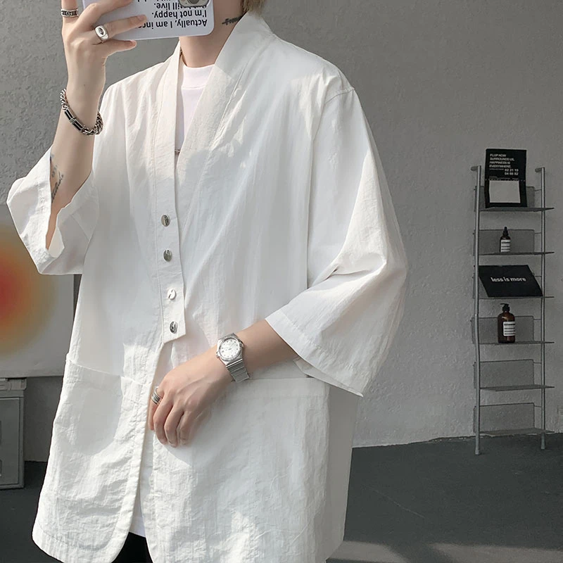 夏季冰丝七分袖衬衫男中国风汉服设计感金属扣宽松轻薄款透气披风