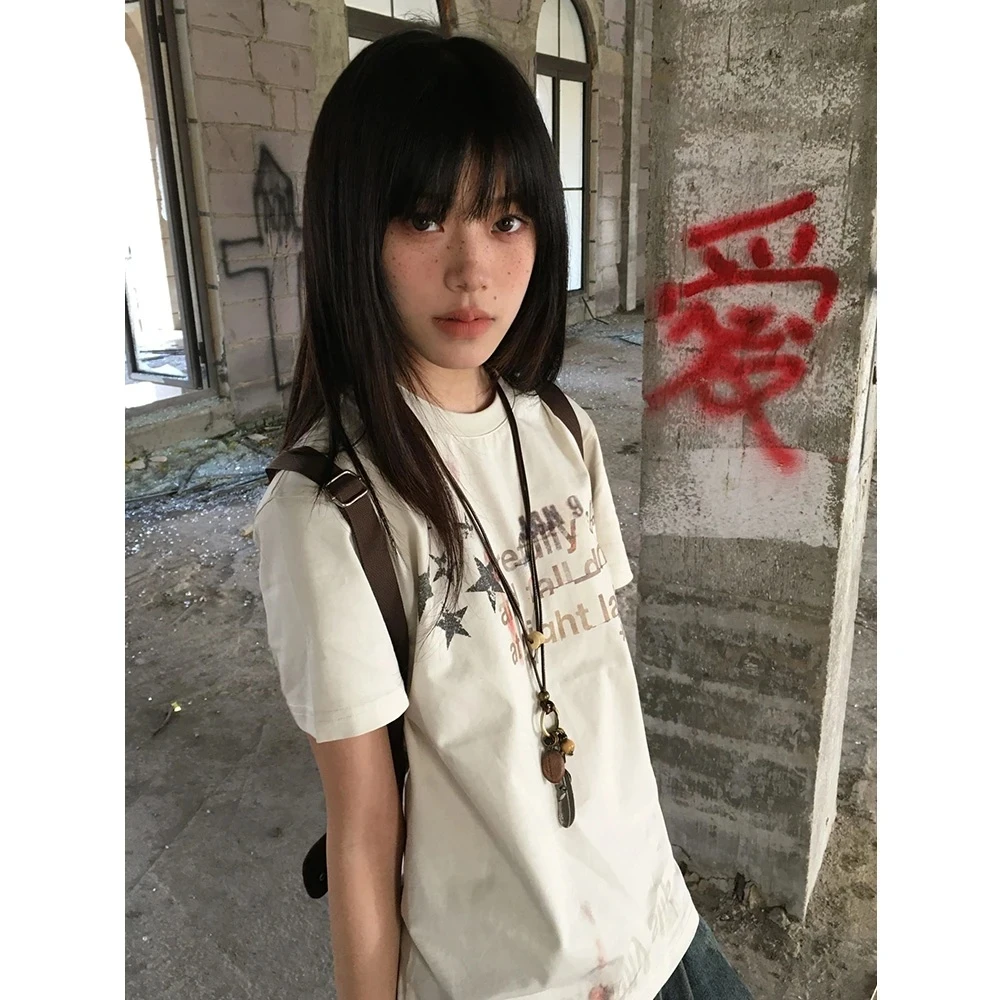 美式复古亚文化正肩短袖T恤女夏季新款星星字母印花短款