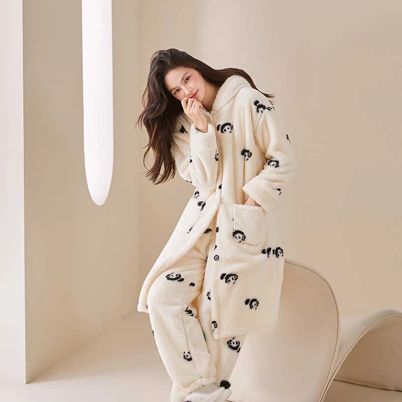 可爱熊猫连帽中长款冬季家居服套装秋冬季加厚长袖睡衣卡通外穿