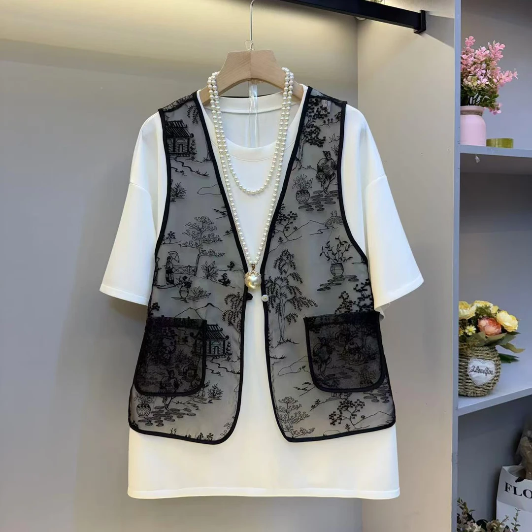 时尚2025新款夏季短袖大衫高级感刺绣马甲宽松显瘦两件套