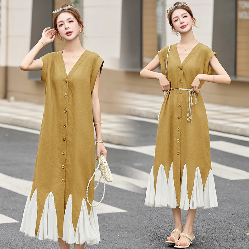 设计感拼接连衣裙女2025年夏季新款高级感休闲百搭显瘦中长款裙子