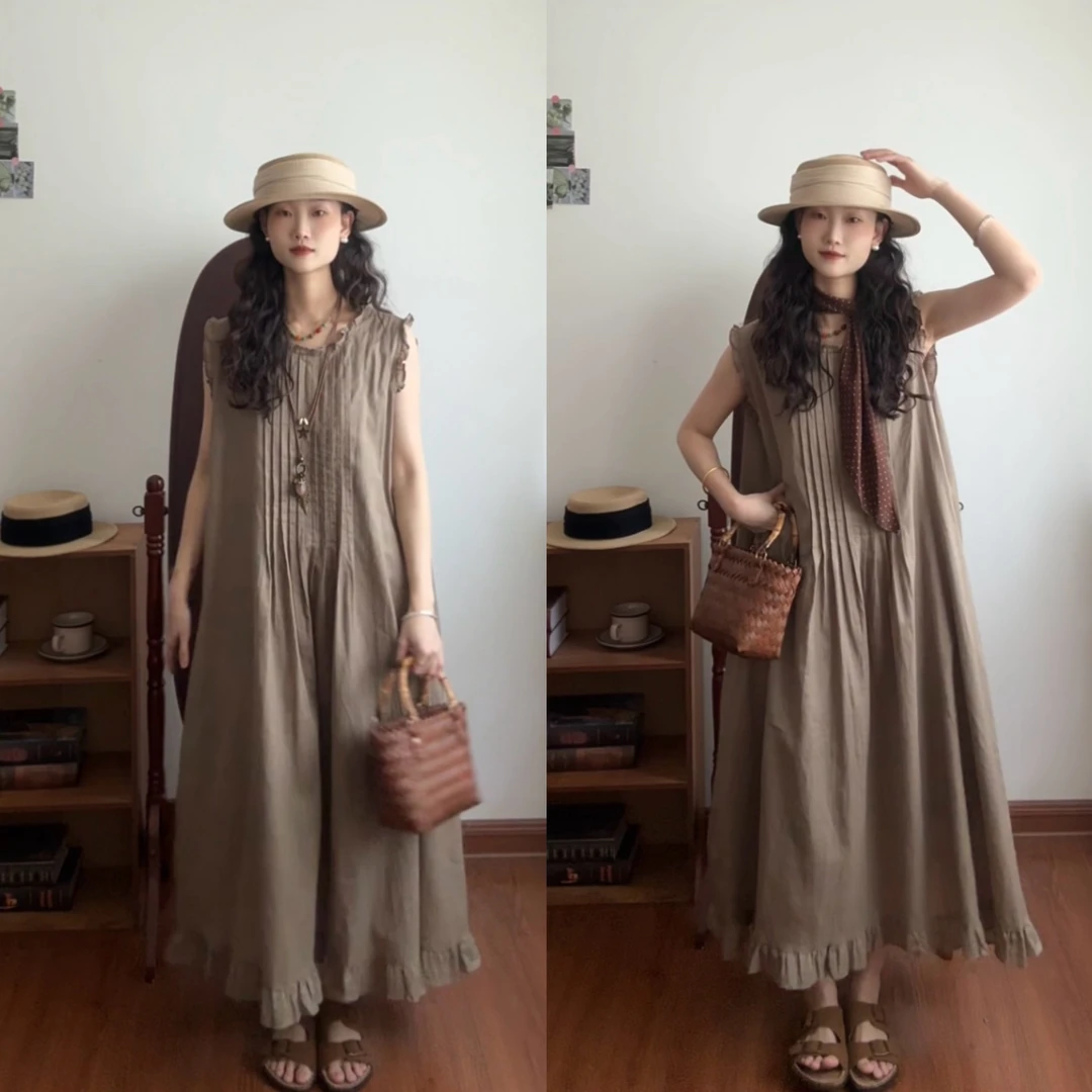 日系宽松慵懒苎麻花边背心长裙（裙长116胸围126）