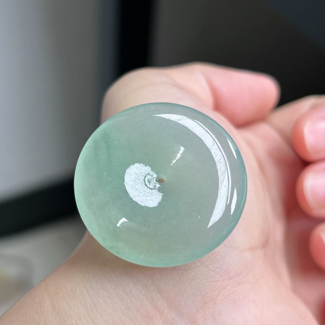 缅甸天然A货翡翠冰种晴底飘花甜绿平安扣吊坠尺寸31.8×6.3