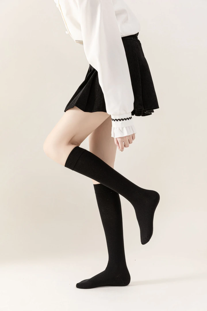 女士纯色精梳棉秋款黑色小腿袜长筒袜高筒袜
