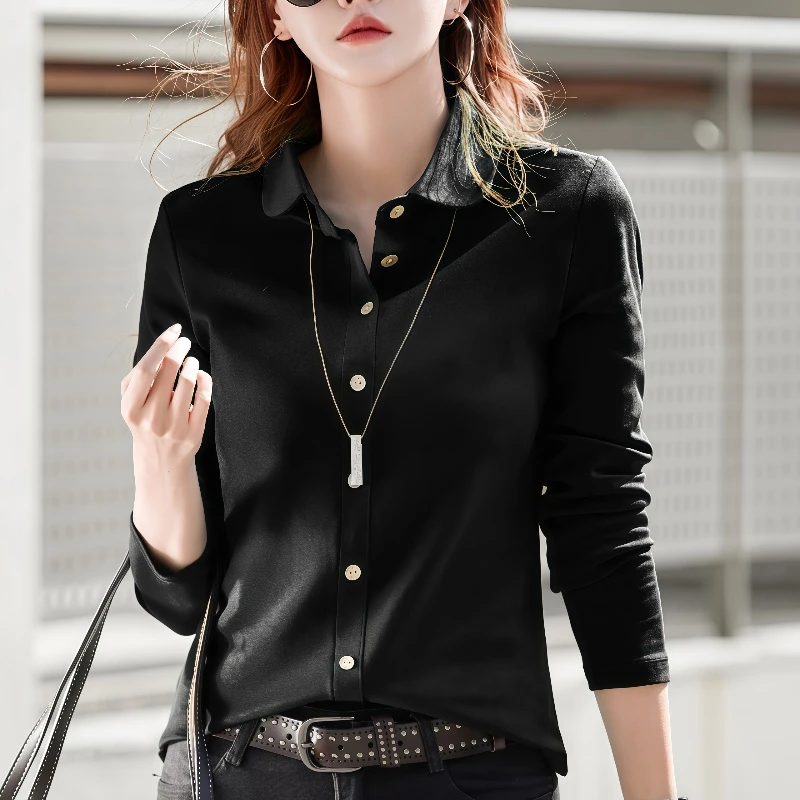 纯棉polo翻领长袖t恤女春秋新款时尚宽松显瘦打底衫百搭衬衫上衣