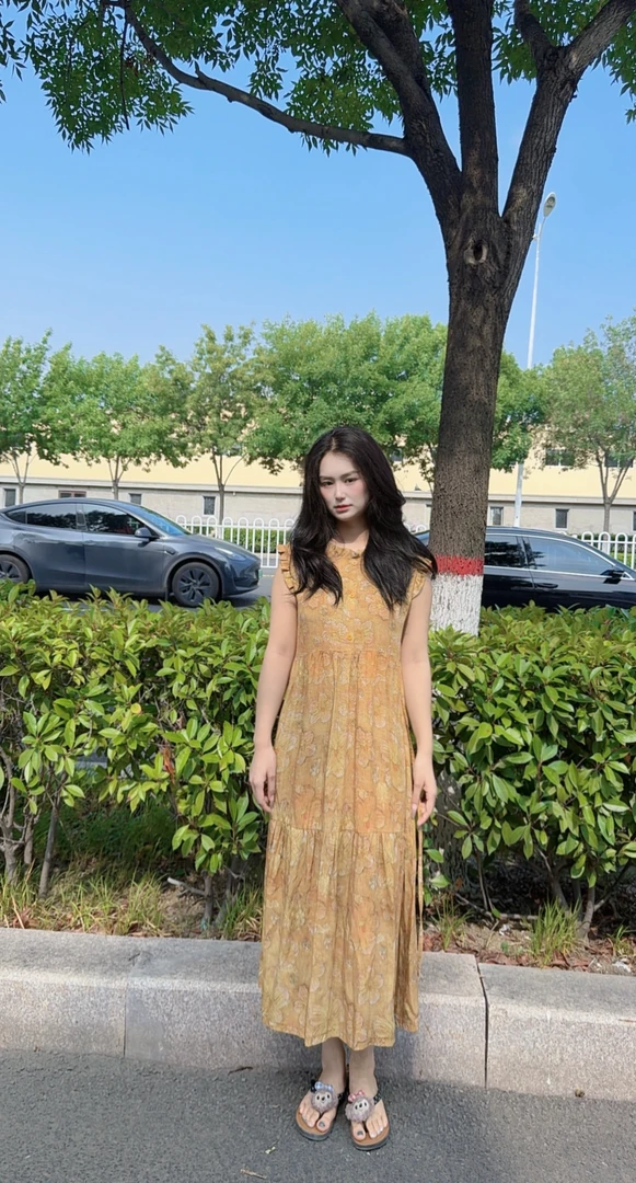 [韵底小绣]25年夏季新款气质无袖女碎花锦绸显瘦百搭法式长裙